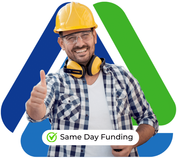 Smiling construction worker with hard hat and headphones promoting same day equipment financing solutions.