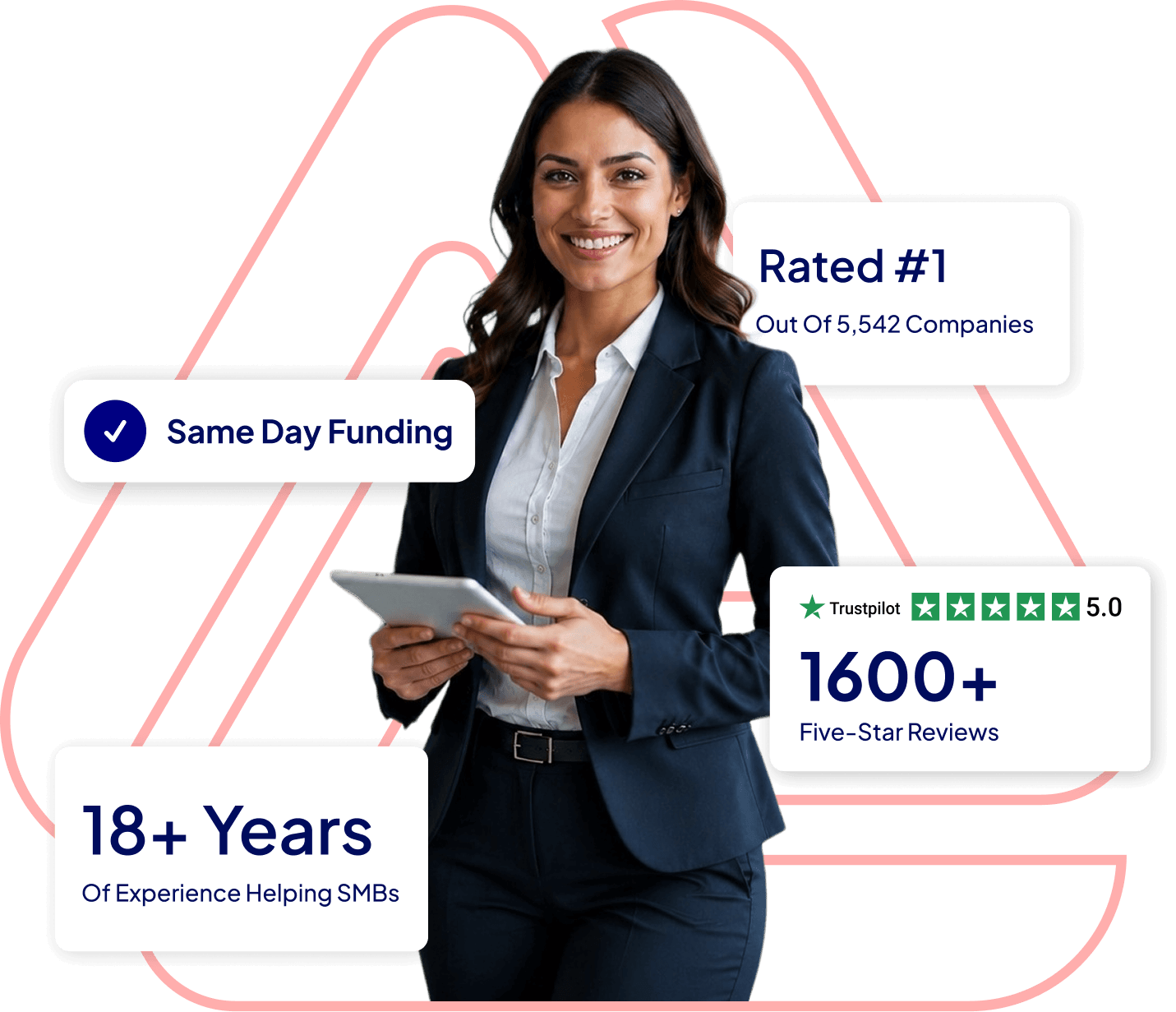 Smiling businesswoman in a suit holding a tablet, representing Advance Funds Network's partner and affiliate program with 5-star Trustpilot reviews